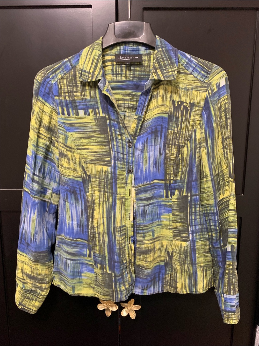 Jones New York Blue Yellow Brushstroke Button-Down blouse silk